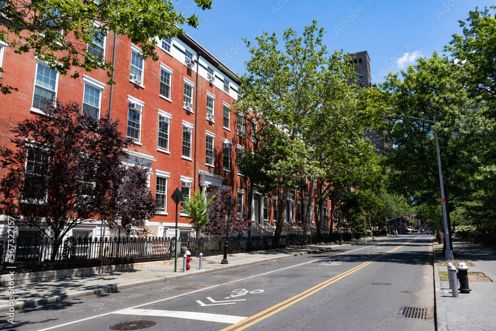 Empty Street Across from Washington Square Park with Old Red Brick Buildings in Greenwich Village of New York City