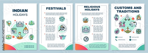 Culture of India brochure template. Traditional indian holidays flyer, booklet, leaflet print, cover design with linear icons. Vector layouts for magazines, annual reports, advertising posters