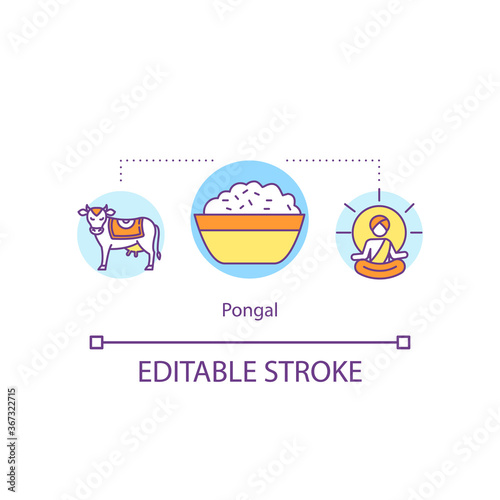 Pongal concept icon. South India rice dish. Indian religious and public holidays. Harvest festival idea thin line illustration. Vector isolated outline RGB color drawing. Editable stroke