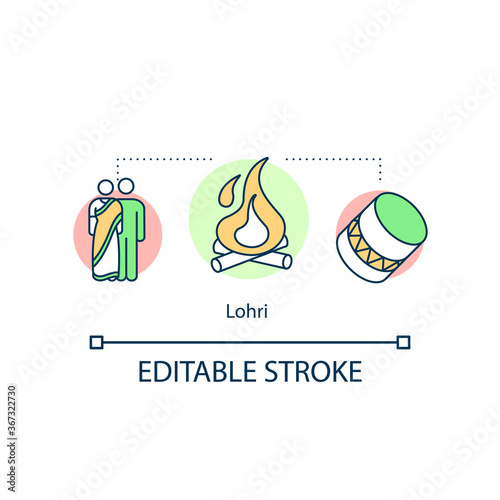 Lohri concept icon. Harvest festival. Indian religious and public holidays. Punjabi folk festival idea thin line illustration. Vector isolated outline RGB color drawing. Editable stroke