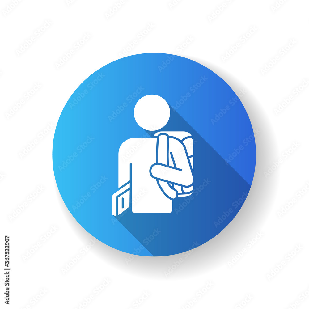 Freshman flat design long shadow glyph icon. Ninth grade student. High school pupil with rucksack. University undergraduates. International student. Silhouette RGB color illustration