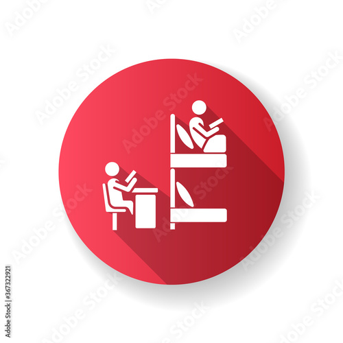 Roommates flat design long shadow glyph icon. Flatmates studying in dormitory room. University students sharing common room, bunk bed. Student housing and apartments. Silhouette RGB color illustration