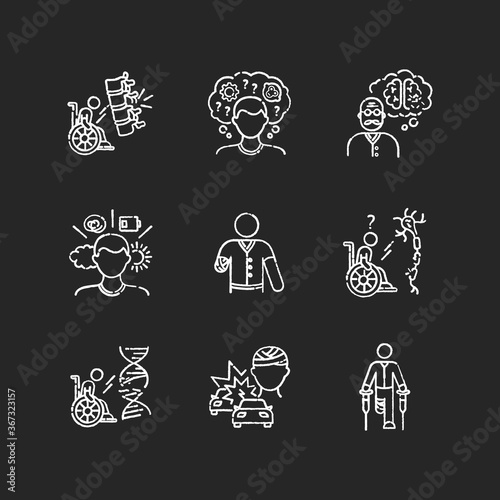 Patient with disability chalk white icons set on black background. Handicapped man. Paralyzed person in wheelchair. Brain injury. Chronic illness. Isolated vector chalkboard illustrations