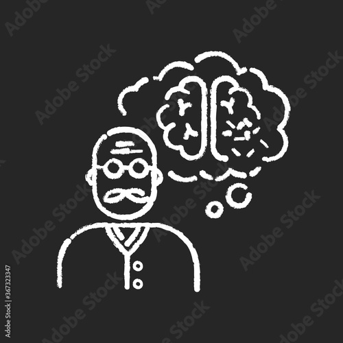 Dementia chalk white icon on black background. Alzheimer from aging. Loss of memory. Brain damage in elderly person. Patient with health care problem. Isolated vector chalkboard illustration