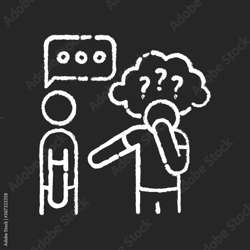 Asperger syndrome chalk white icon on black background. Difficulty with communication. Man with disorder. Speech impairment. Interaction problem. Isolated vector chalkboard illustration