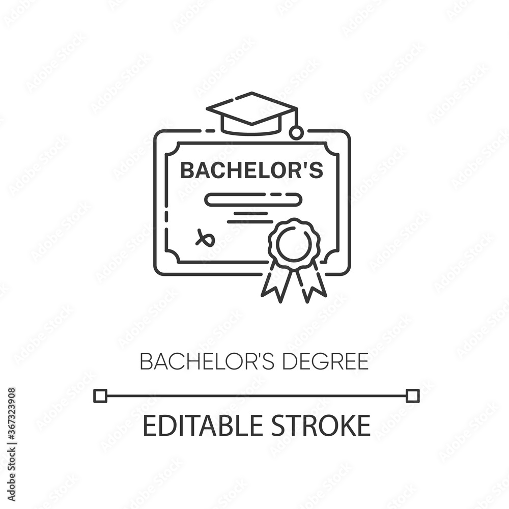 Bachelors degree pixel perfect linear icon. Higher education thin line customizable illustration. Contour symbol. Student diploma, academic certificate vector isolated outline drawing. Editable stroke