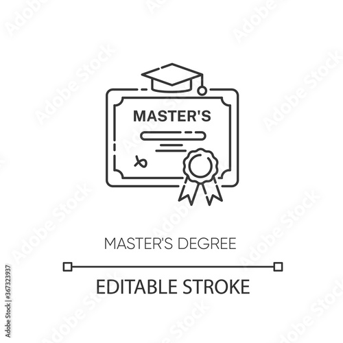 Masters degree pixel perfect linear icon. Higher education thin line customizable illustration. Contour symbol. Graduation certificate vector isolated outline drawing. Editable stroke