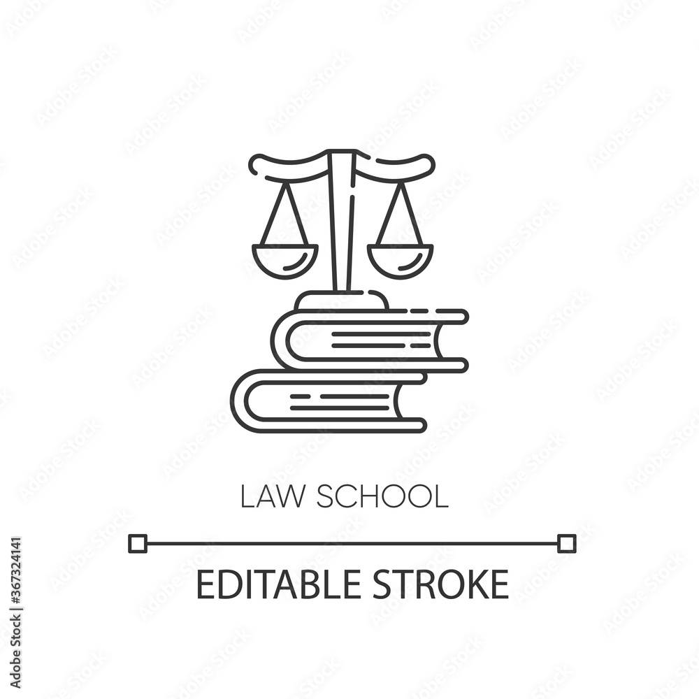 Law school pixel perfect linear icon. Judicial system. Justice thin line customizable illustration. Contour symbol. Scales on books stack vector isolated outline drawing. Editable stroke Law school pixel perfect linear icon. Judicial system. Justice thin line customizable illustration. Contour symbol. Scales on books stack vector isolated outline drawing. Editable stroke