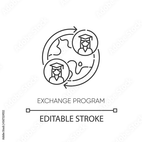 Exchange program pixel perfect linear icon. International students swap. Education abroad thin line customizable illustration. Contour symbol. Vector isolated outline drawing. Editable stroke