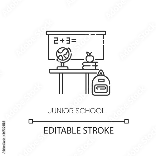 Junior school pixel perfect linear icon. Primary education establishment, studying basic sciences thin line customizable illustration. Contour symbol. Vector isolated outline drawing. Editable stroke