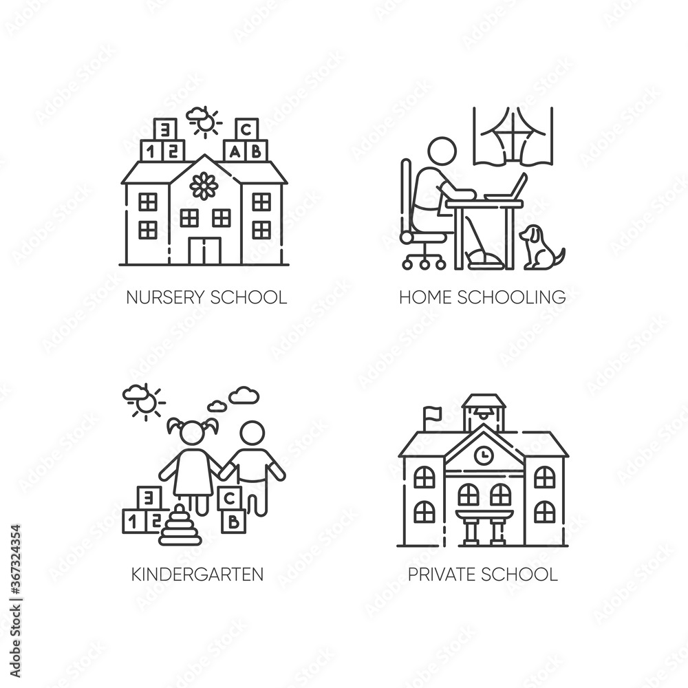 Academic studying pixel perfect linear icons set. Nursery school, kindergarten and home schooling. Customizable thin line contour symbols. Isolated vector outline illustrations. Editable stroke