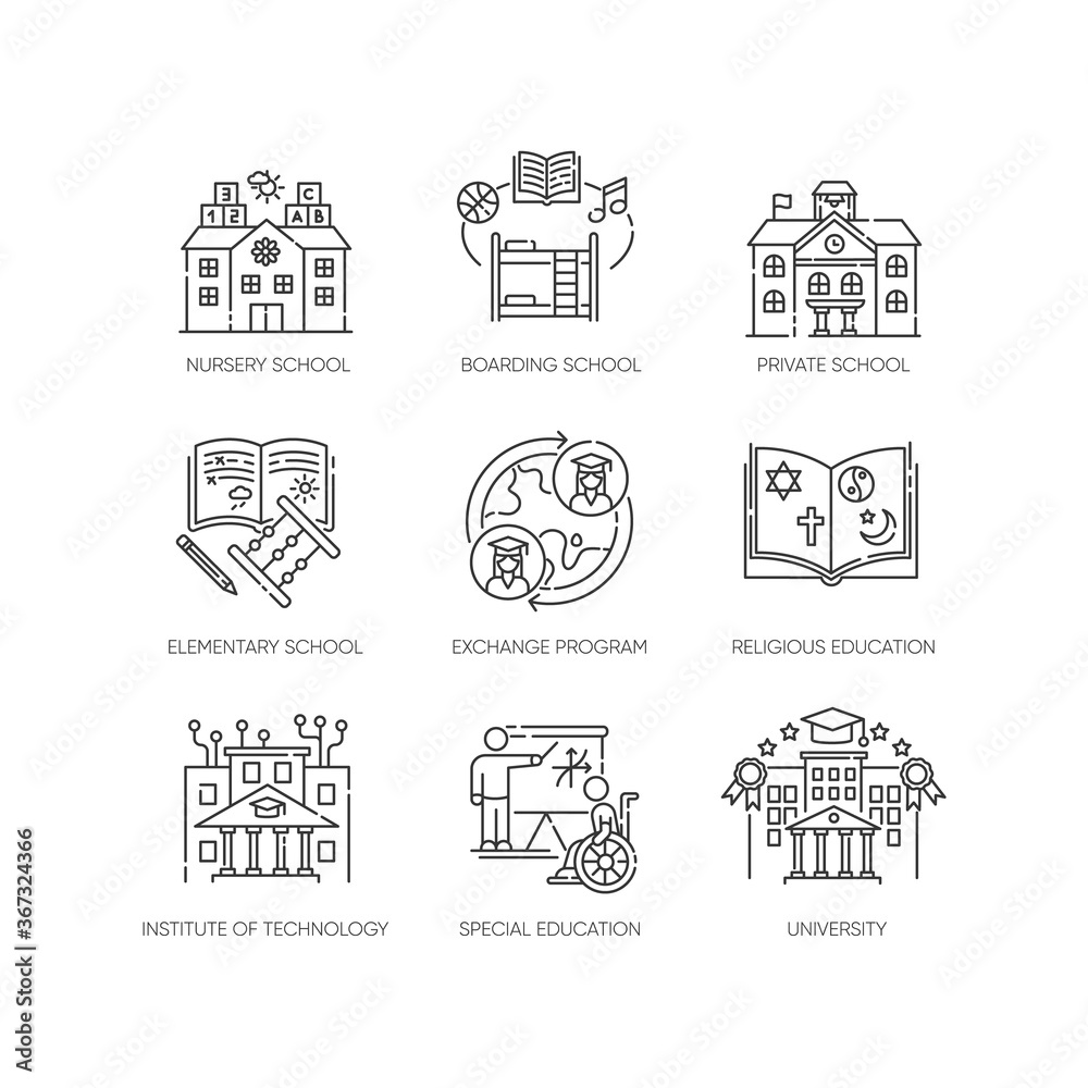 Academic education pixel perfect linear icons set. Public and private school services Customizable thin line contour symbols. Isolated vector outline illustrations. Editable stroke