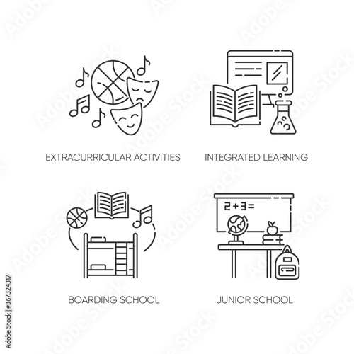 Primary education pixel perfect linear icons set. Junior school, private boarding school Customizable thin line contour symbols. Isolated vector outline illustrations. Editable stroke