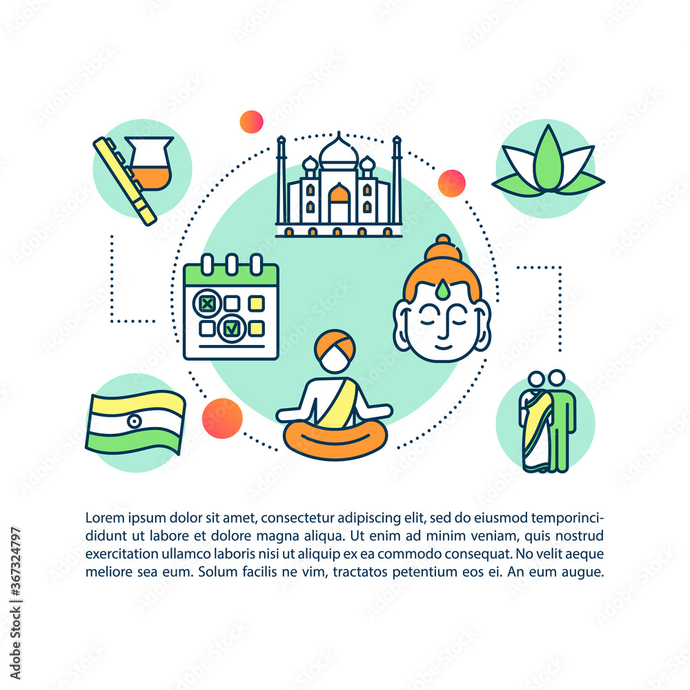 Indian significant holidays concept icon with text. Gazetted holidays. Mausoleum in India. PPT page vector template. Brochure, magazine, booklet design element with linear illustrations