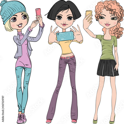Vector Set beautiful girls make selfie