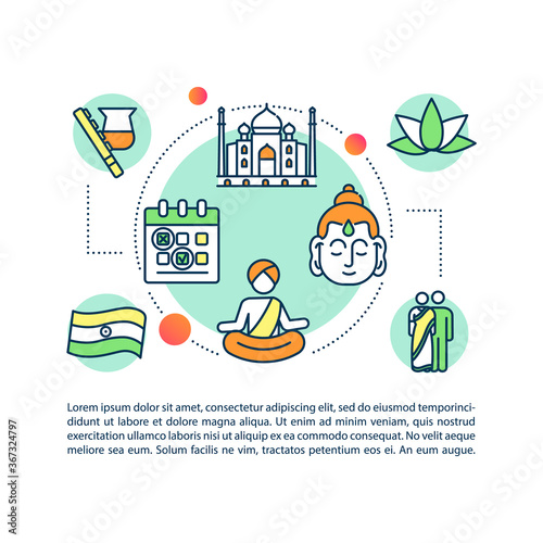 Indian significant holidays concept icon with text. Gazetted holidays. Mausoleum in India. PPT page vector template. Brochure  magazine  booklet design element with linear illustrations