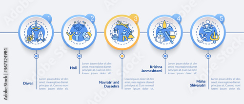 Top Hindu festivals vector infographic template. Public holidays in India. Presentation design elements. Data visualization with 5 steps. Process timeline chart. Workflow layout with linear icons