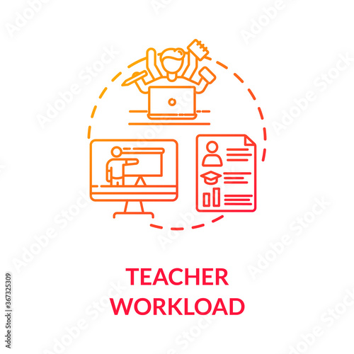 Teacher workload concept icon. Webinars and remote education. Online tutor. Professors performance. Multitasking. idea thin line illustration. Vector isolated outline RGB color drawing