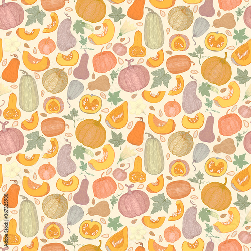 Fototapeta Naklejka Na Ścianę i Meble -  Vector botanical seamless pattern with pumpkins, flowers and leaves in cartoon style. Flat pastel background of pumpkins, squash and seeds. Cute autumn texture for thanksgiving, harvest and halloween.
