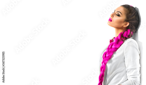 Fotografering Fashion wear look style, Beauty sexy model girl in trendy white blazer bright make-up, braided purple hair, isolated on white background