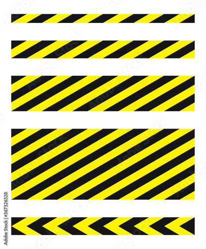 Black and yellow diagonal stripe vector icon collection. Seamless caution and warning sign tape set. Industrial safety and attention symbol line pattern. Isolated on white background.