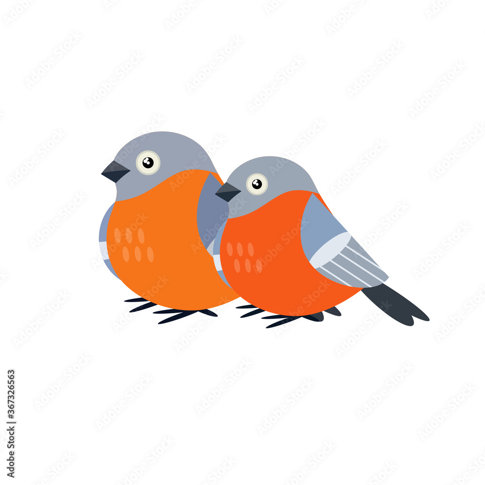 Two Bullfinches. A group of cute forest animals. Couple of bird. Cartoon flat illustration Two Bullfinches. A group of cute forest animals. Couple of bird. Cartoon flat illustration