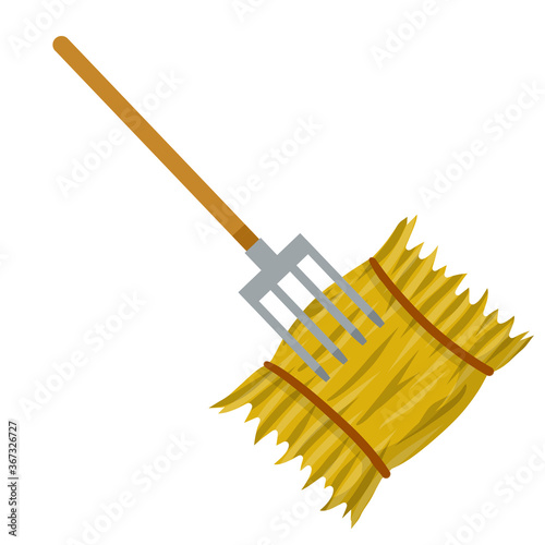 Yellow haystack and hayfork. Cartoon flat illustration. Rustic sheaf. countryside harvest of crop. Organic food and fork