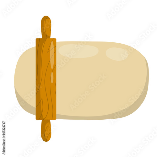 Rolling pin and dough. Wooden appliance for kitchen and cooking. Kneading dough. Cartoon flat illustration. Preparation of bread and pastries