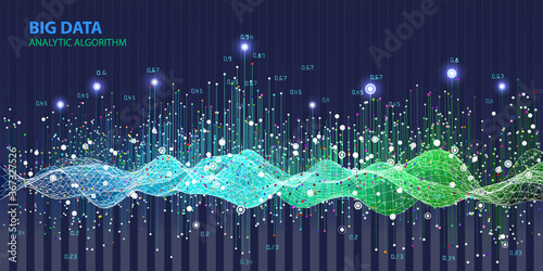 Big data. Abstract  infographics with wavy color grid algorithm data on blue background. Data chart. 3d grid data chart  algorithm. Vector Illustration.