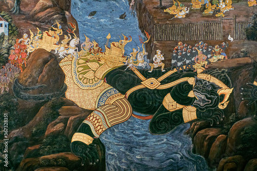 Ancient thai painting Ramayana story. Traditional Thai art of painting on Ancient wall of Thai temple. Public property in Wat Phra Kaew, Temple of the Emerald Buddha, Bangkok,Thailand. 