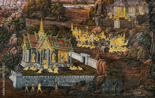 Ancient thai painting Ramayana story. Traditional Thai art of painting on Ancient wall of Thai temple. Public property in Wat Phra Kaew, Temple of the Emerald Buddha, Bangkok,Thailand. 