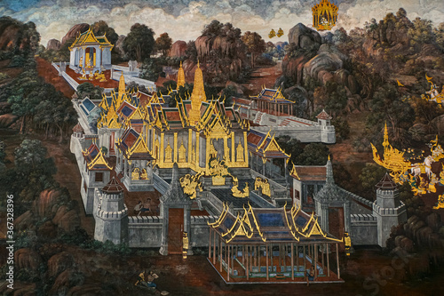 Ancient thai painting Ramayana story. Traditional Thai art of painting on Ancient wall of Thai temple. Public property in Wat Phra Kaew, Temple of the Emerald Buddha, Bangkok,Thailand. 