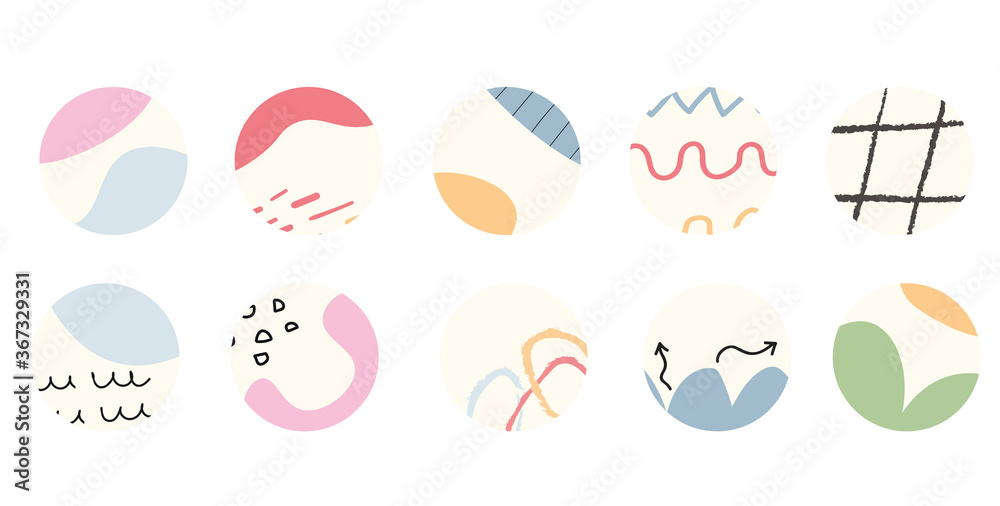 Highlight covers for social media stories   vector . Abstract backgrounds. Various shapes, lines, spots, dots, doodle objects. Hand drawn templates. Round icons. Perfect for bloggers, brands