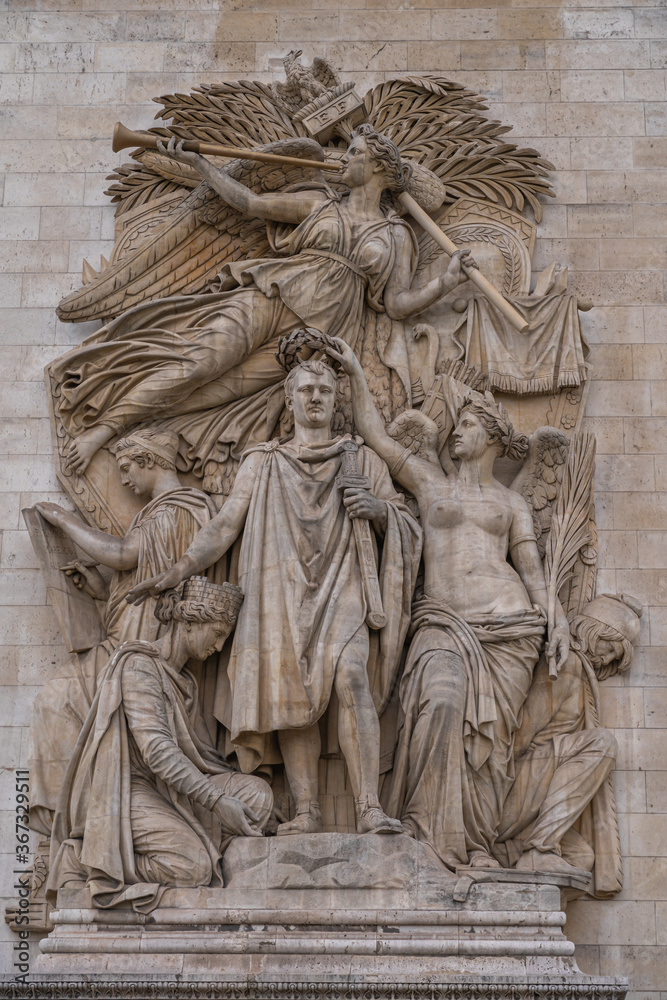 Paris, France - 07 24 2020: Sculptures on the facade of The Triumphal arch