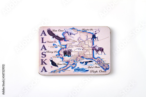 Alaska fauna map isolated on white background. Tourist mam souvenir.