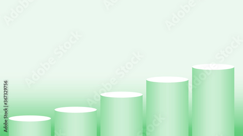 green pedestal cylinder circle five steps for cosmetics showcase, podium circle stage green pastel soft color, platform 5 steps for advertising copy space, podium round five layers for product display