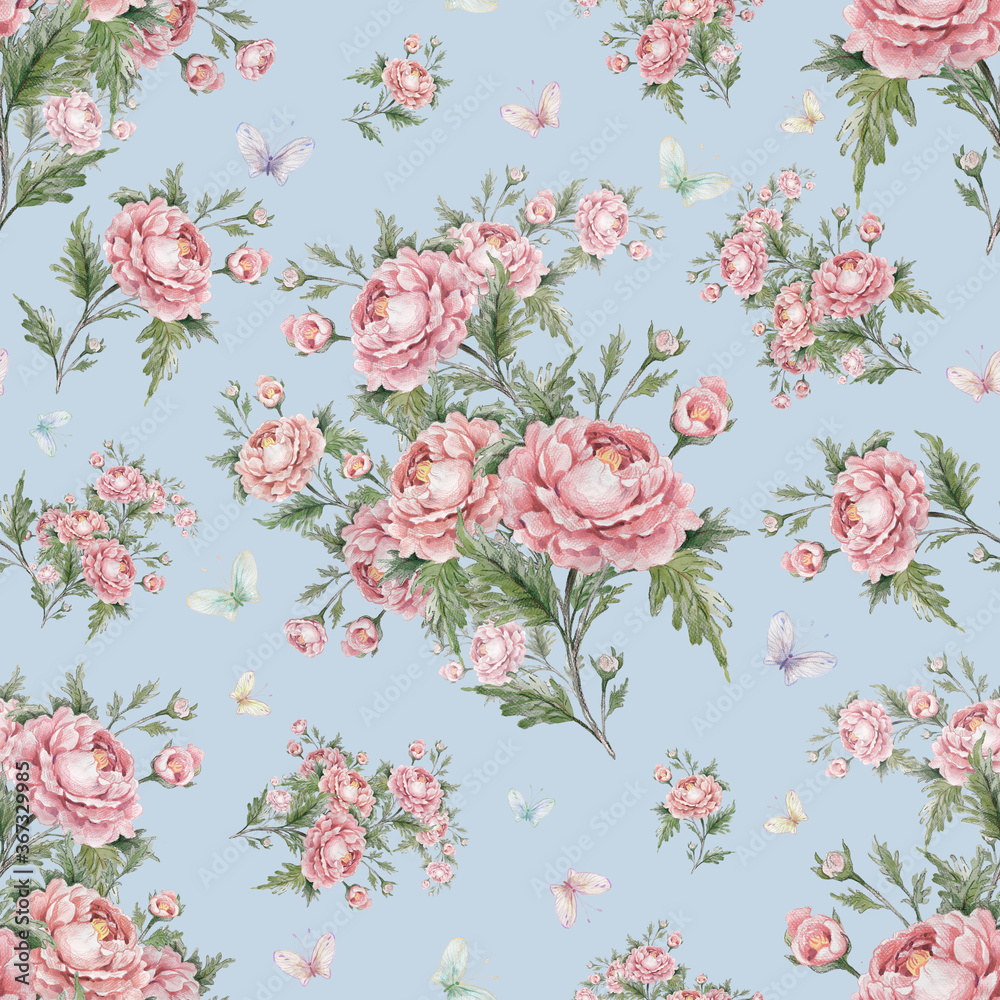 Fototapeta Seamless pattern bouquets of roses and butterflies
Beautiful print for your decor and textile design