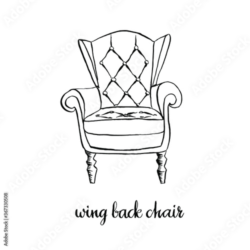 Vintage wing back chair/ Vintage furniture/ Interior design elements/ Hand drawn ink sketch illustration isolated on white background
