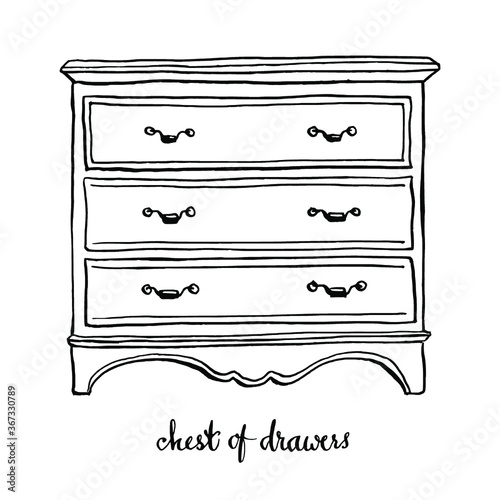 Vintage chest of drawers/ Vintage furniture/ Interior design elements/ Hand drawn ink sketch illustration isolated on white background