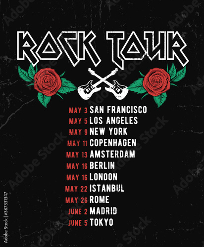 Rock and roll graphic design with roses and guitar illustration for t-shirt and other uses.