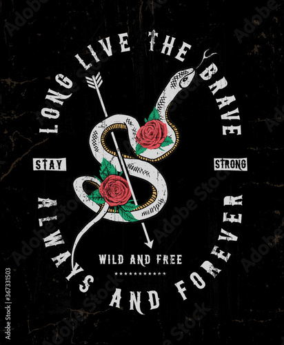 Snake and roses illustration with wild and free slogan. For t-shirt and other uses.