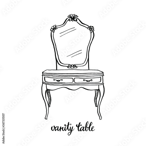 Vintage vanity table/ dressing table/ Vintage furniture/ Interior design elements/ Hand drawn ink sketch illustration isolated on white background