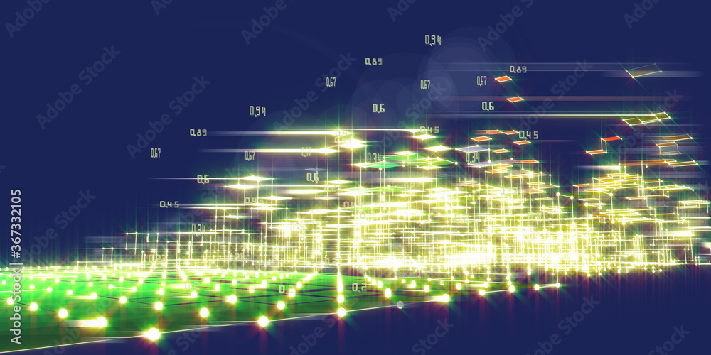 Big data. Abstract grid mesh analysis data on blue background with blurred lines and glow. City network concept. 3d diagram analysis algorithms.  Data chart.