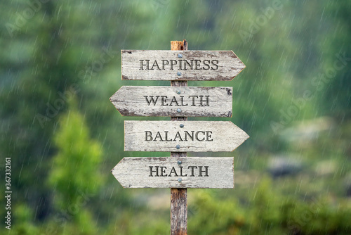 happiness wealth balance health text on wooden signpost outdoors in the rain. photo