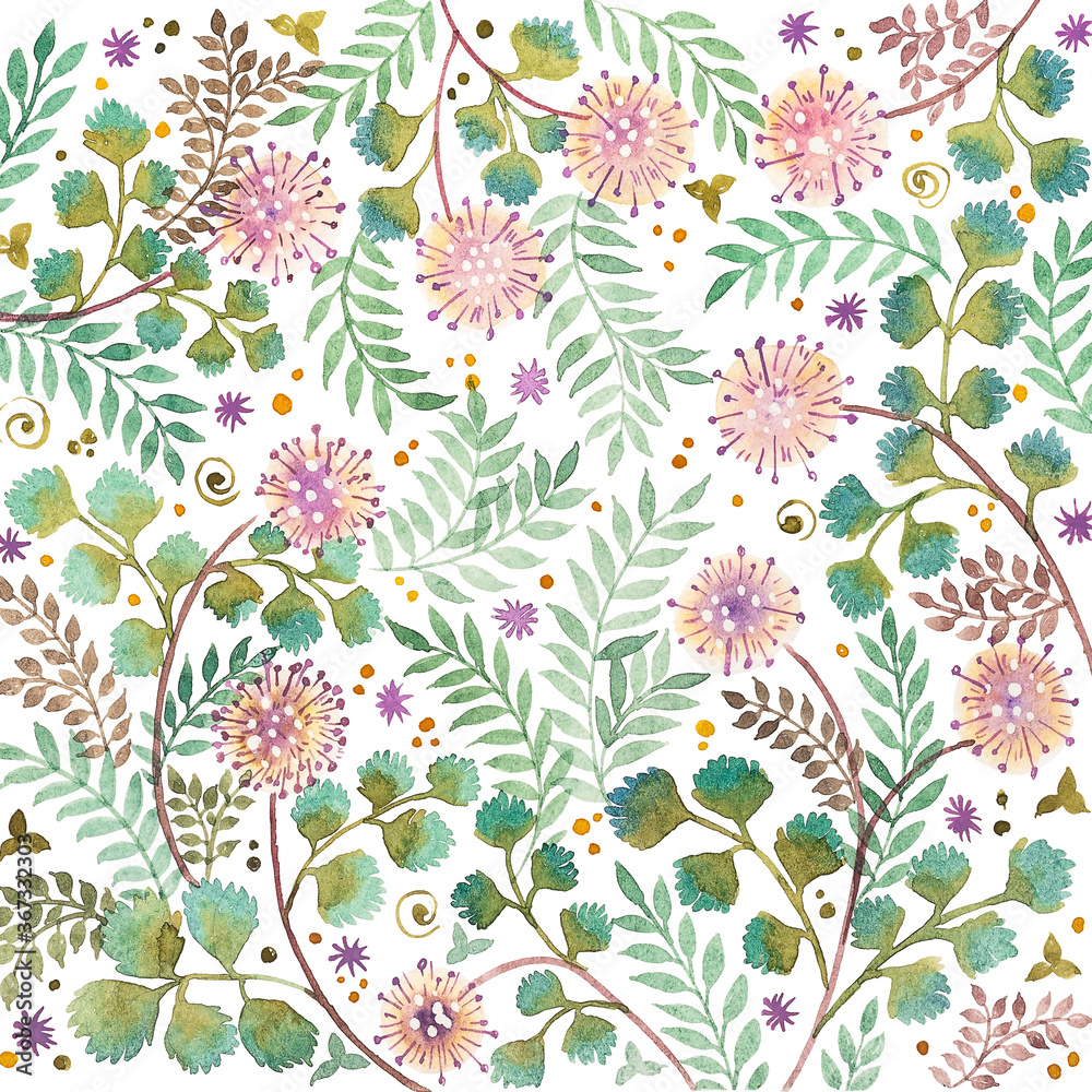 Floral ornament from green twigs, leaves and pink flowers, watercolor handwork, on a white background. Floral ornament from green twigs, leaves and pink flowers, watercolor handwork, on a white background.