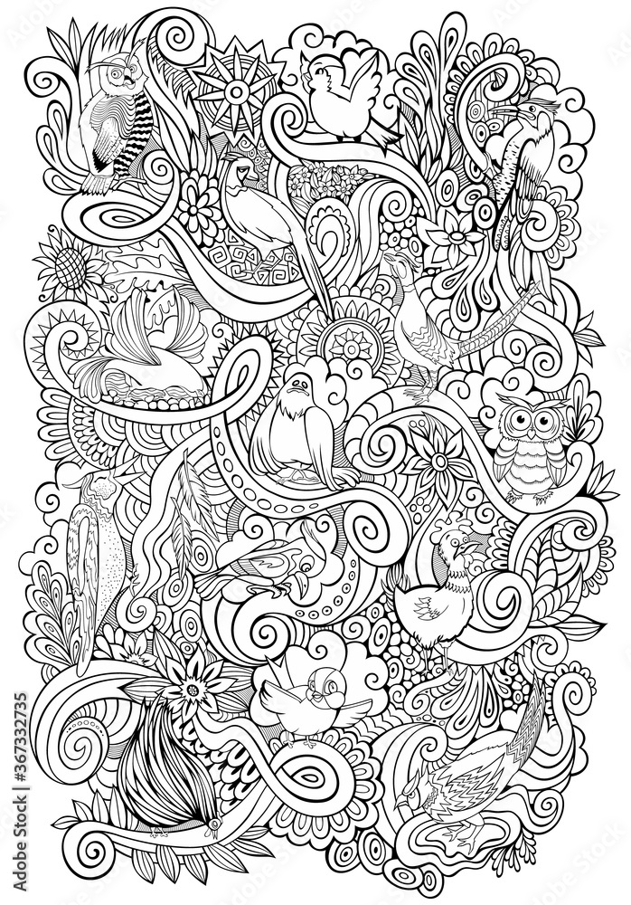 Vector hand drawn birds garden doodle illustration