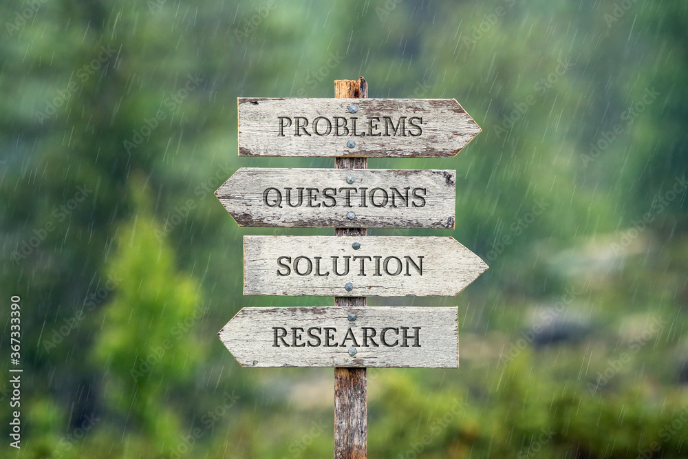 problems questions solution research text on wooden signpost outdoors in the rain.