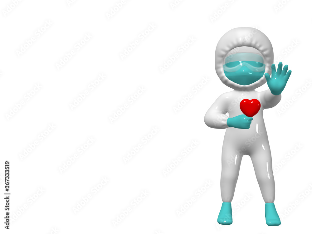3D cartoon character man Doctor in protective PPE suit, blue medical mask, goggles, gloves showing gesture stop holds heart. Stop COVID-19, epidemic infectious disease concept art. 3D render 3D cartoon character man Doctor in protective PPE suit, blue medical mask, goggles, gloves showing gesture stop holds heart. Stop COVID-19, epidemic infectious disease concept art. 3D render