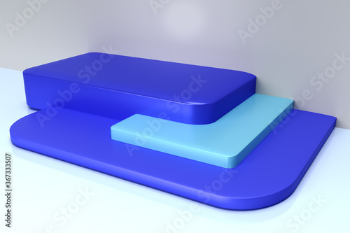 3D-Illustration eines dreistufigen, quaderförmigen Podestes für Mockups in Blautönen
