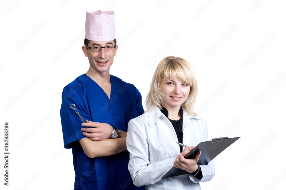 Man and woman in blue medical suits on a white background in isolation Man and woman in blue medical suits on a white background in isolation